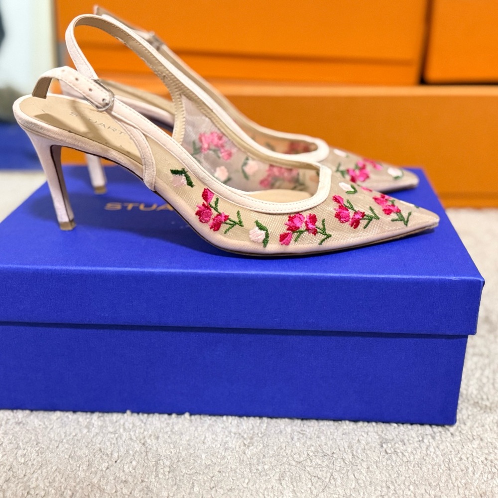 Stuart Weitzman Pink Embroidered Floral Slingback Heels